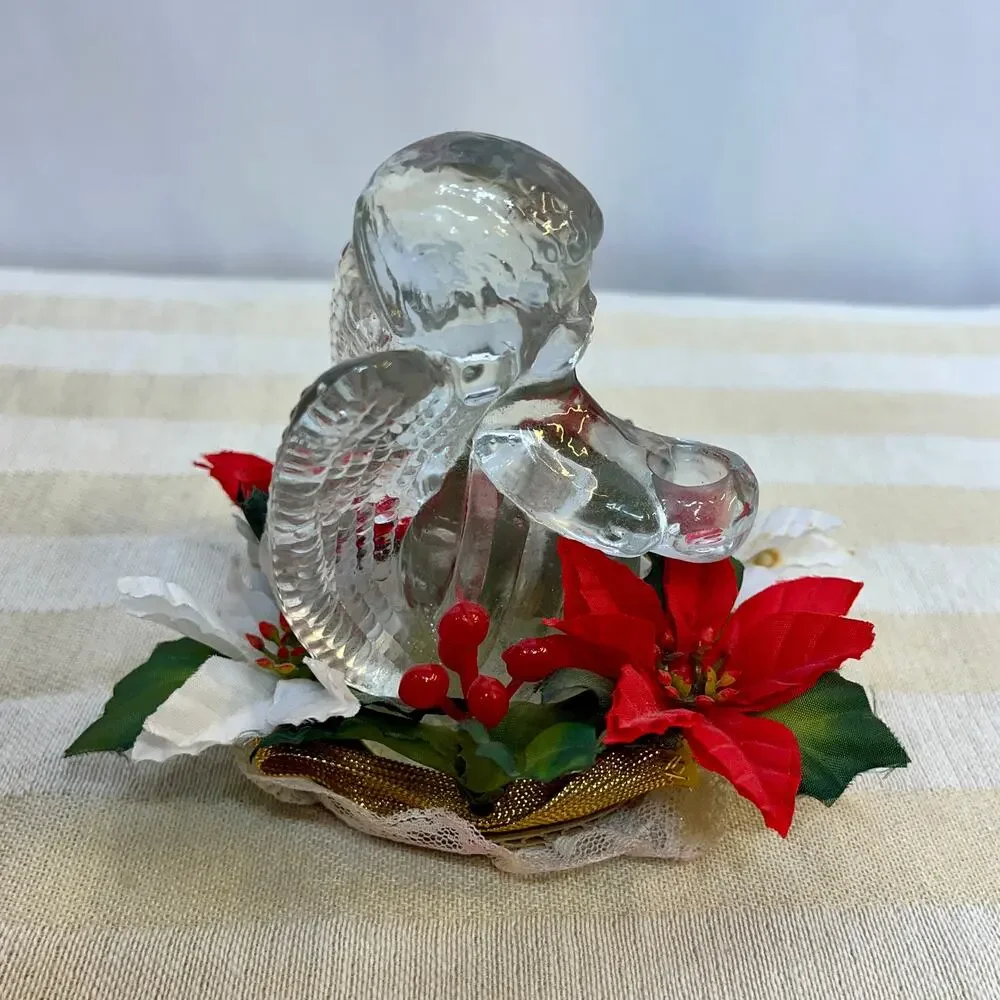 Clear Glass Angel Candleholder Vintage Christmas Artificial Poinsettias 4.25